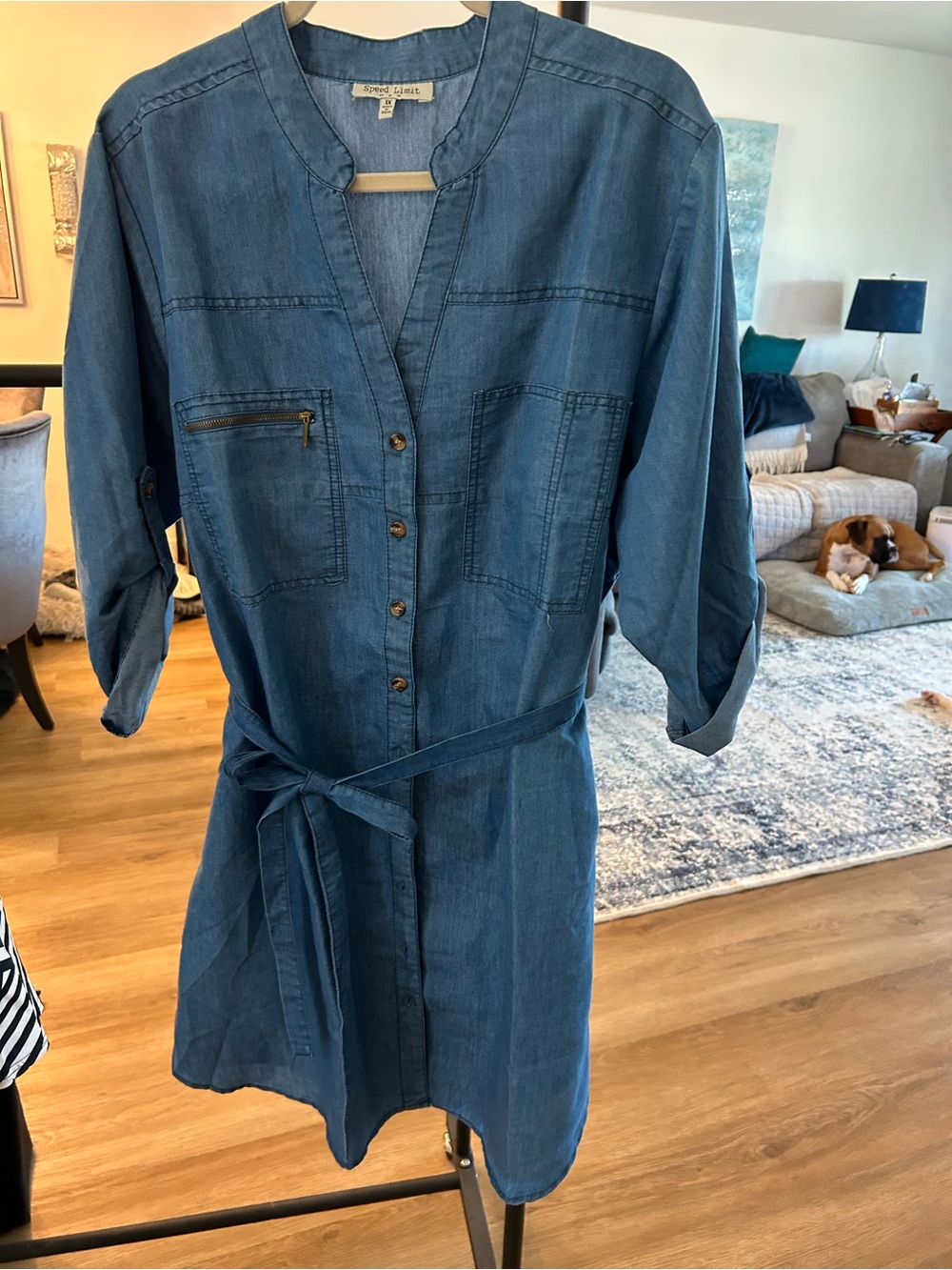 Soft Surroundings Blue Chambray Shirt Dress with Tie Waist